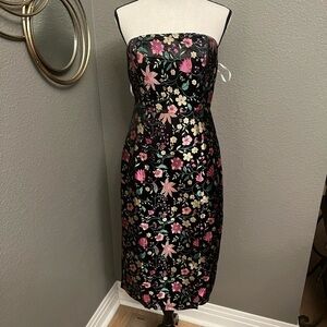 Lulus Make a Move Black Satin Floral Jacquard Strapless Midi Dress